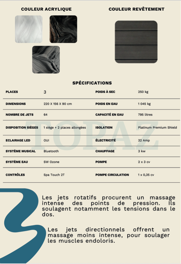 Spa Platinum Topaz — Jacuzzi compact 3 places, 64 jets, gamme Premium